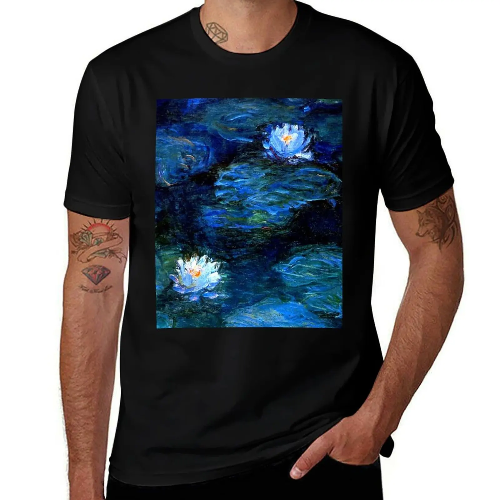 

Water Lilies Monet deep blue T-Shirt Basic Casual Short Sleeve Cotton Shirt