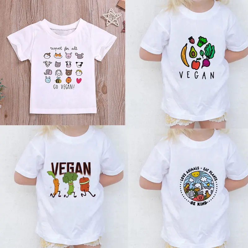 24M-8T Kids Clothes Cartoon Animals Go Vegan Baby Boy T Shirt O-neck Girls Tshirt Cute Harajuku Summer Tshirts Girl Funny Kawaii