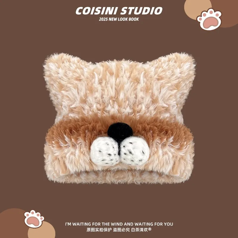 

New Mixed-color Plush Y2K Cute Cat Ear Beanies for Women Autumn Winter Warm Ear Protection Versatile Creative Funny Men's Hat