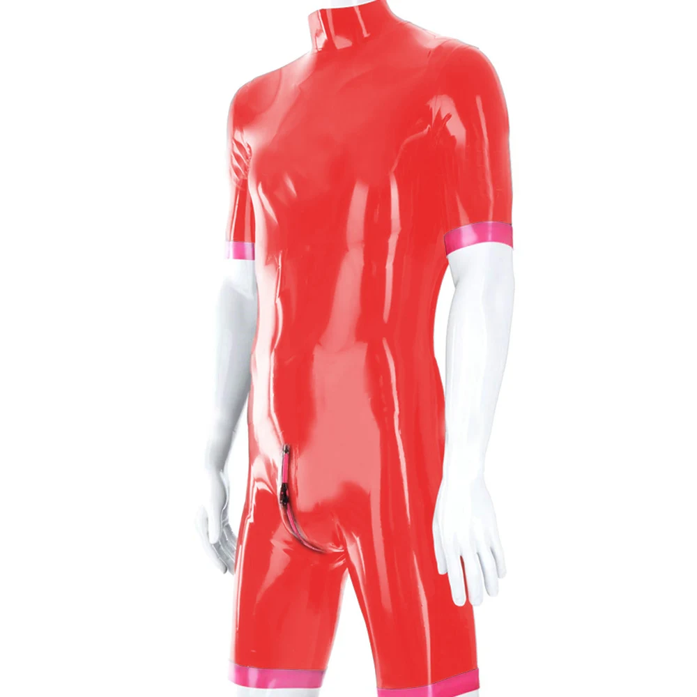 Erotische wetlook PVC bodysuit, playsuit met korte mouwen, open kruis, shorts met rits, catsuit, sexy heren rompertjes, cosplay lingerie, fetish