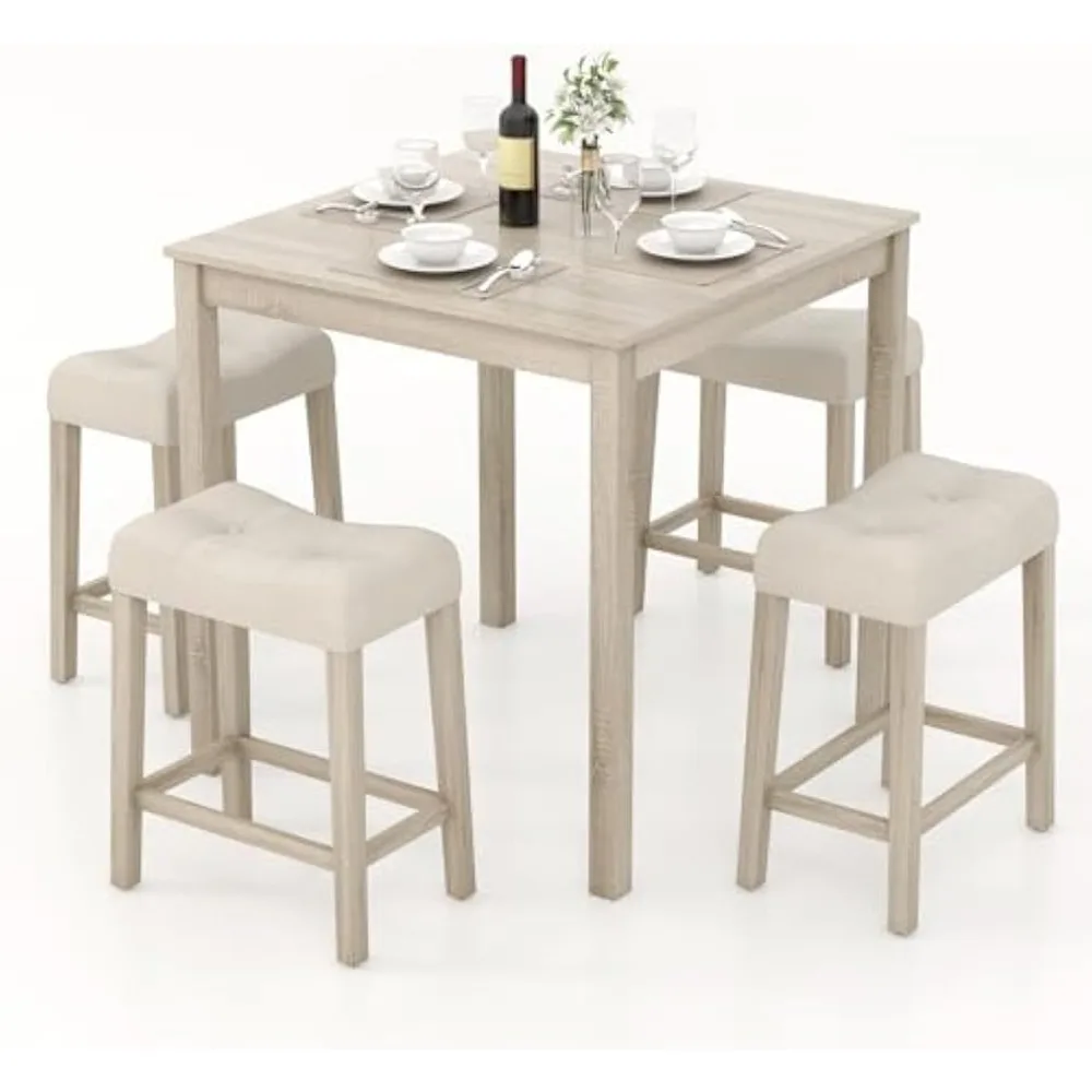 COSTWAY 5-Piece Bar Table Set, Square Breakfast Set for 4 w/Padded Stools, Small Kitchen Table Set w/Rubber Wood Legs,