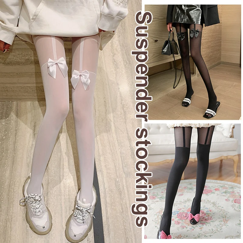 

Japanese Kawaii Girl Women Sexy Velvet Tights Fake High Stocking Pantyhose Mock Bow Suspender Over Knee Tattoo Stockings