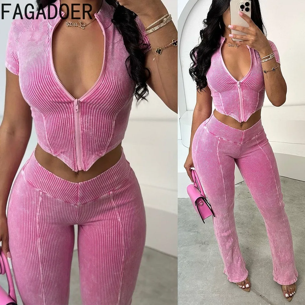 FAGADOER Quality Rib Bodycon 2 Piece Sets Outfit Women Short Sleeve Zip Crop Top and Flare Pants Suits Sport Streetswear Autumn