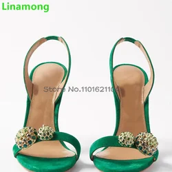 Zielone kryształowe luksusowe sandały dla kobiet 2024 Summer New Round Toe Thin High Heel Back Strap Slingback Elegant Shoes