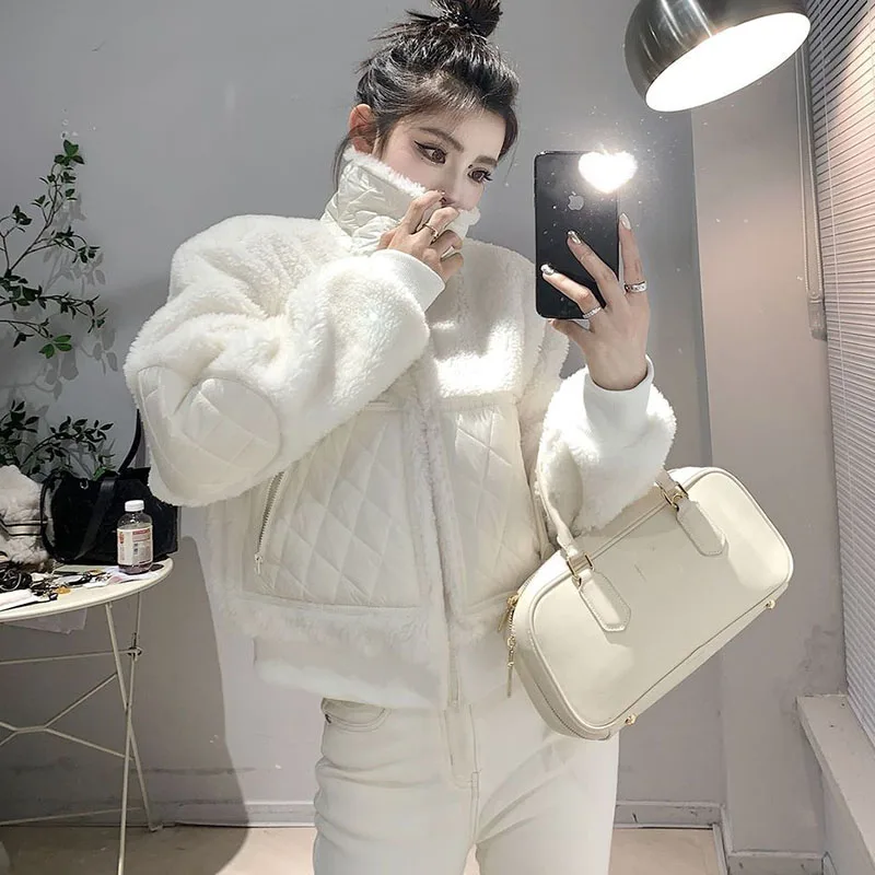 Fashion Patchwork Faux Fur Jacket Women Streetwear Stand-Up Collar Thicken Warm Plush Coat Winter New Lambs Wool Short Outerwear
