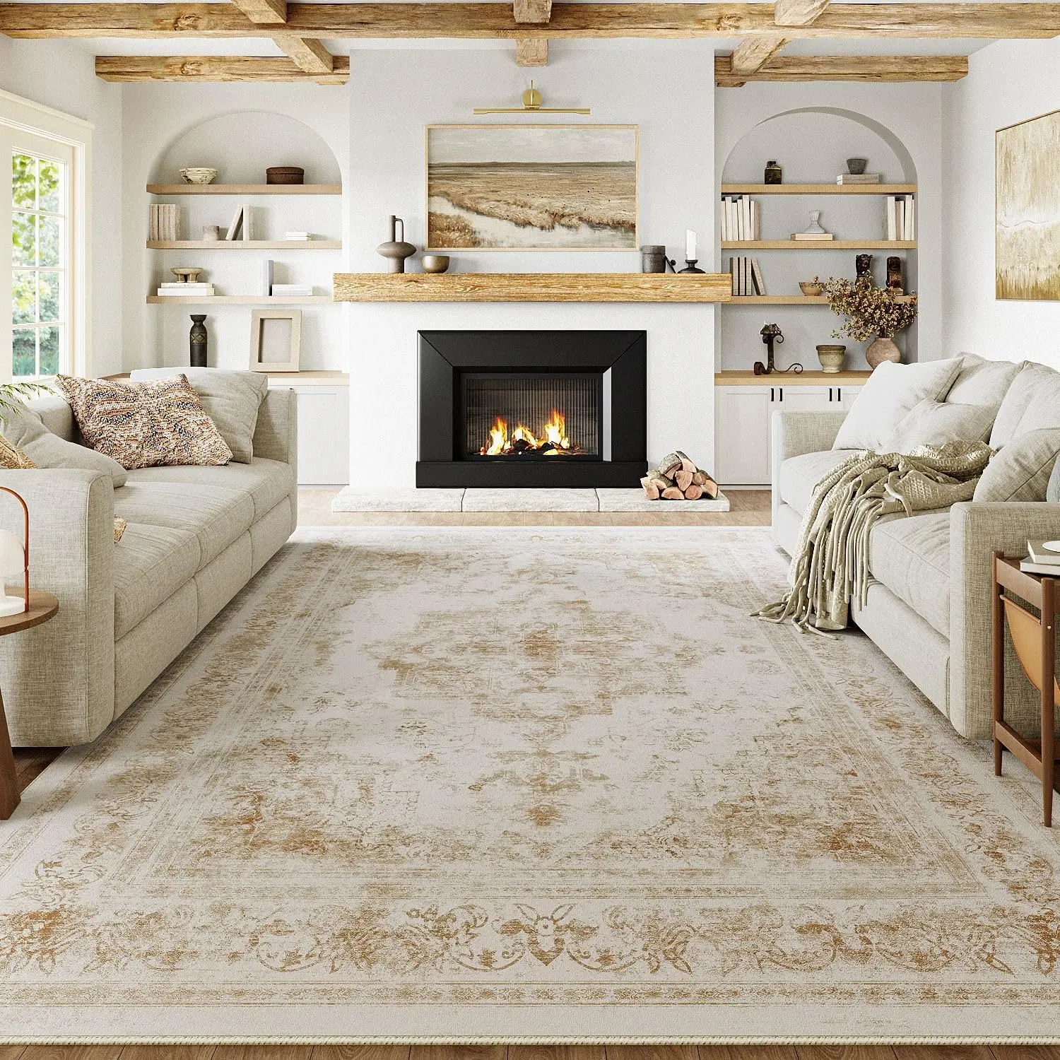 

Area Rug 9X12 Indoor Bedroom Rug Beige Vintage Medallion Washable Living Room Carpet Retro Accent Throw Rug Distressed Rug For