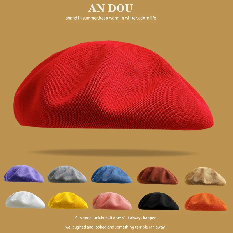 Spring Summer Korean Version Retro Solid Color Thin Cotton Yarn Beret Female Literary Temperament Summer Painter Hat