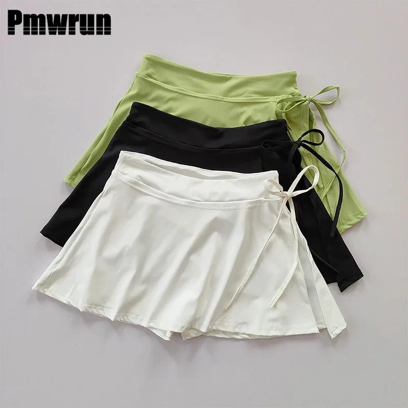 

Pmwrun Sports Yoga Skirt Badminton Tennis Skirt Pants Half-body Quick Drying Pocket Skirt Side Split Strap Skirt Pants For