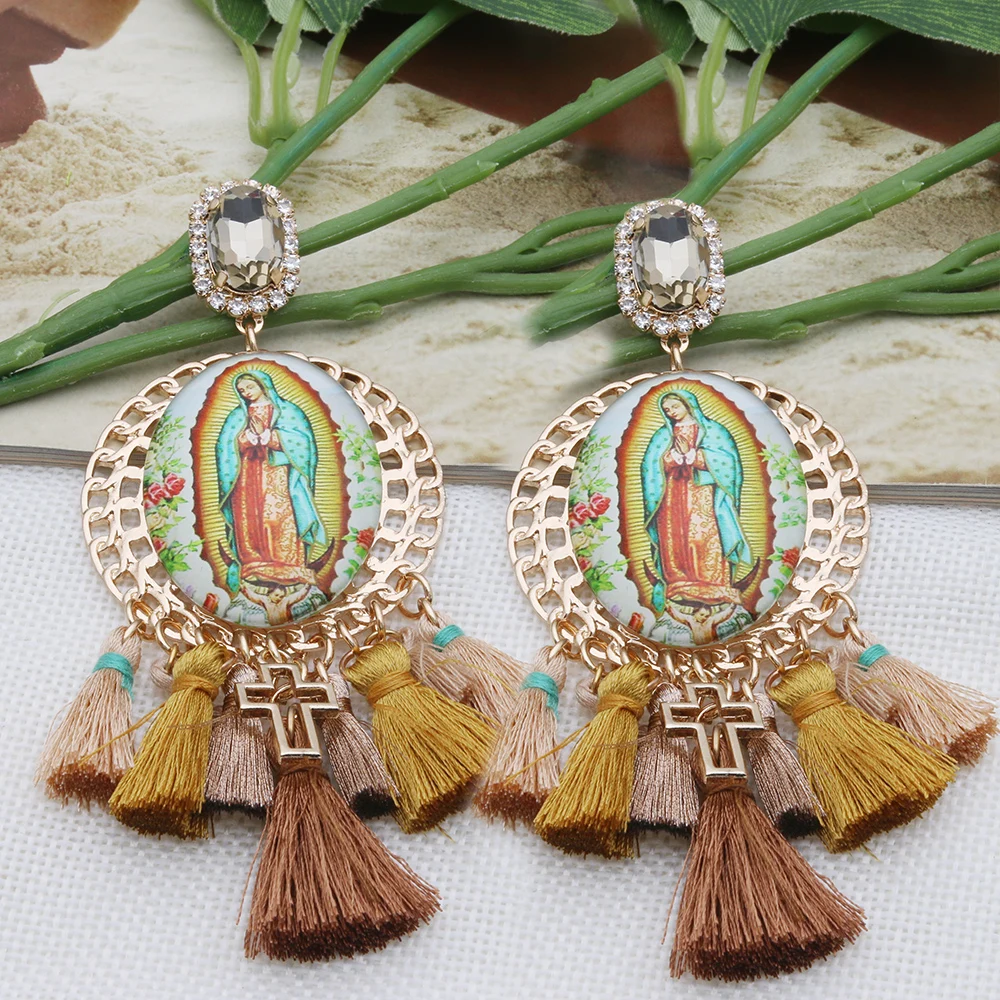 BohemiaY2K Cross Jesus Earrings Dangle Colorful Long Tassel Glass Earring For Woman Large Brinco Ear Exaggeration Female Gift