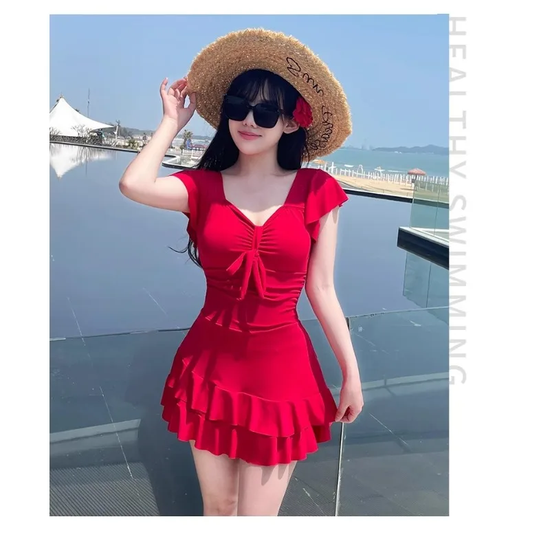 Sweet Ruffle Sleeve One Piece Swimsuit Dress with Bow Front Ruched Waist Flared Skirt Modest Swimwear for Beach Pool Vacation - Image 4