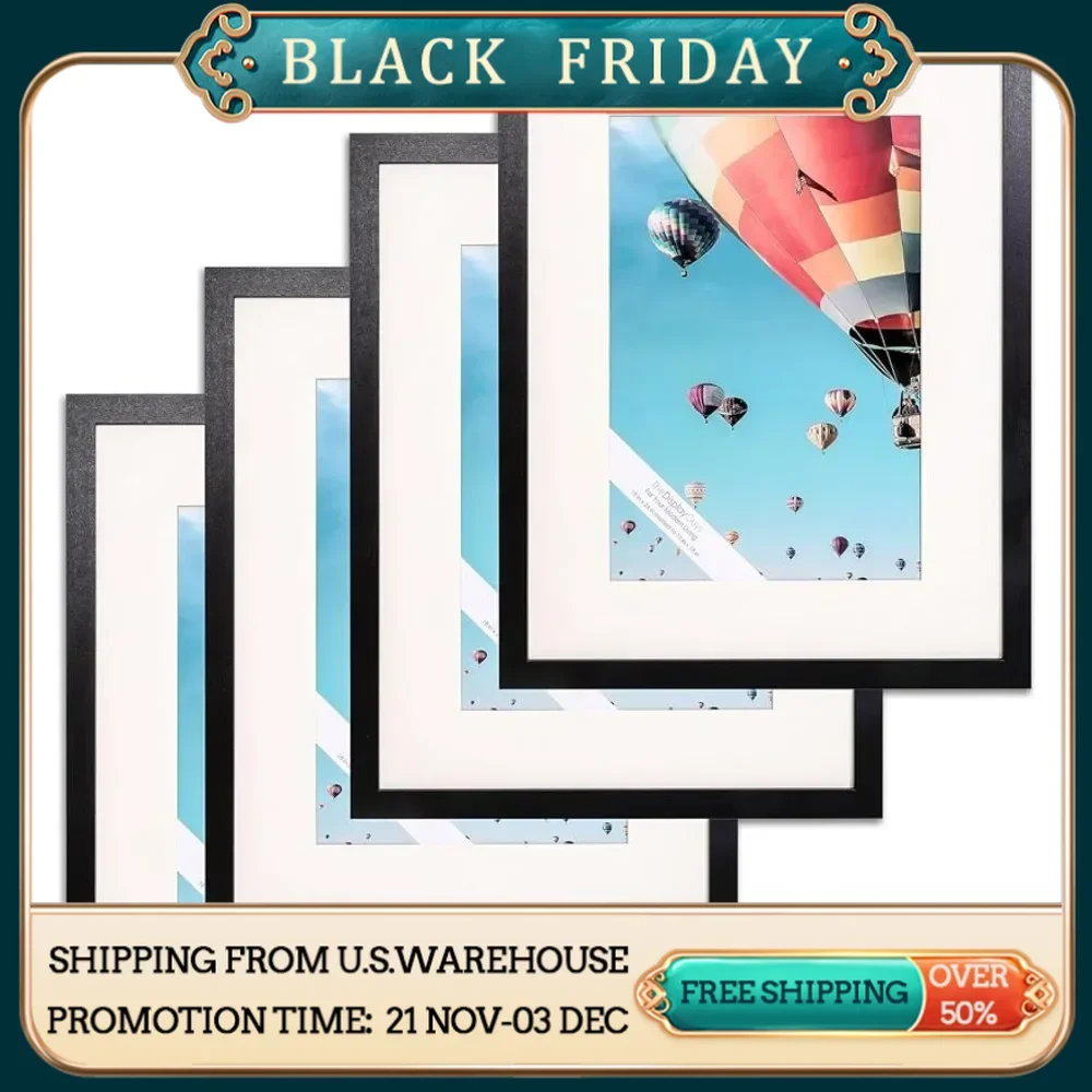 Photo Frame Black Wooden Minimalist Picture Set - Tempered Glass 18x24 Matted To 12x18 - Wall Hanging 4-Pack Albums Frames