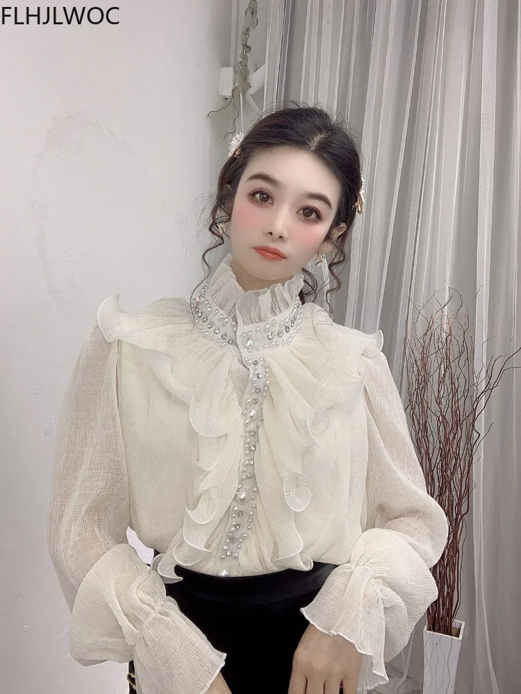 Turtleneck Basic Shirts Blouses Flare Sleeve Princess Bead Bling Elegant Office Lady Work Solid White Ruffled Chic Tops Blusas