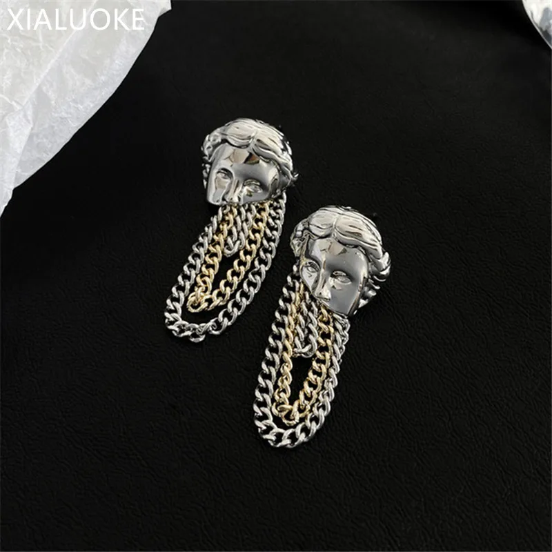 XIALUOKE Unique Style Metal Chain Tassel Drop Earrings For Women Vintage Personality Portrait Earrings Party Jewelry Accessories