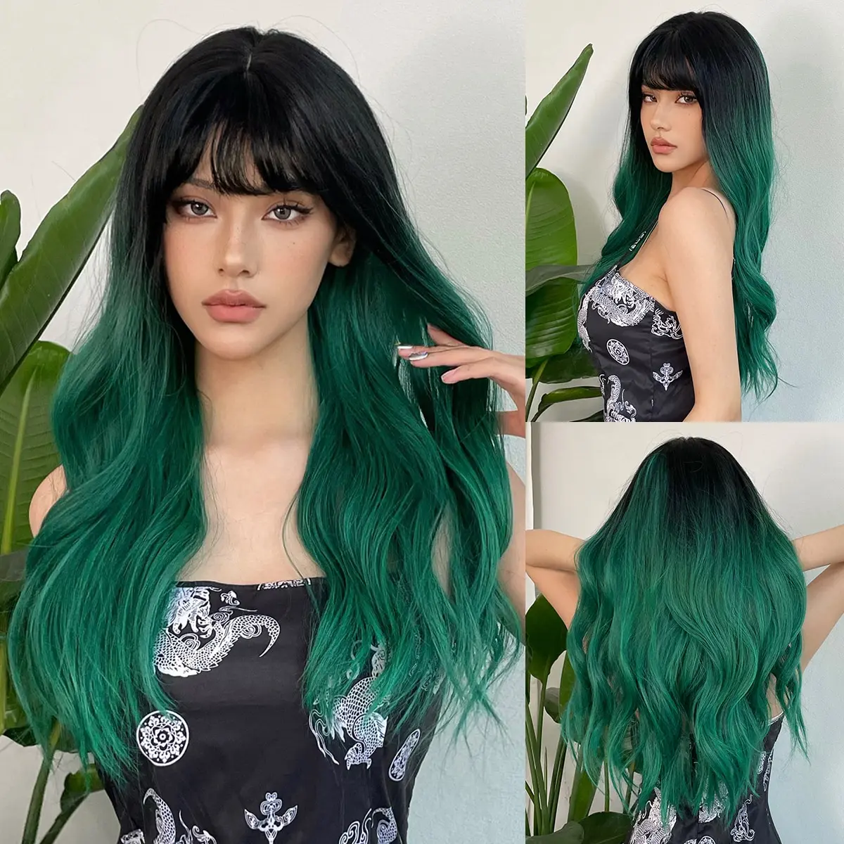 Ombre Green Colorful Natural Wig for Women Daily Long Body Wave Wig with Bangs Party Soft Synthetic Hair High Temperature Fiber