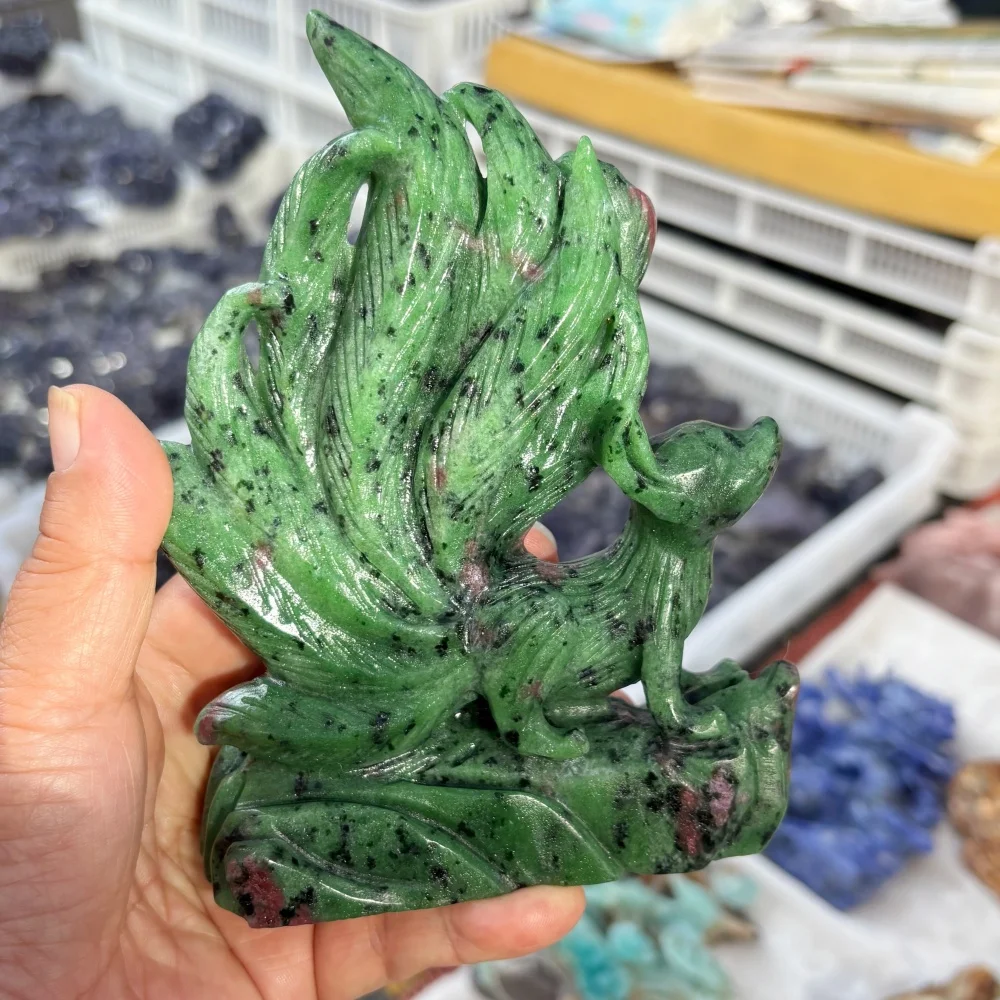 Natural Ruby in zoisite Nine‑Tailed Fox Carving Crystal Fox Statue Mythical Beast Altar Home Decor Spiritual Collectible Gift