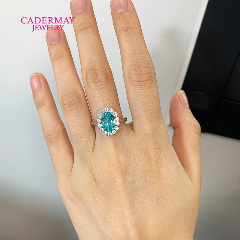 Classic Flower 7x10mm Oval Shape Blue YAG Lab Paraiba Rings 925 Silver Engagement Halo Moissanite Rings Women Gift Party view 5
