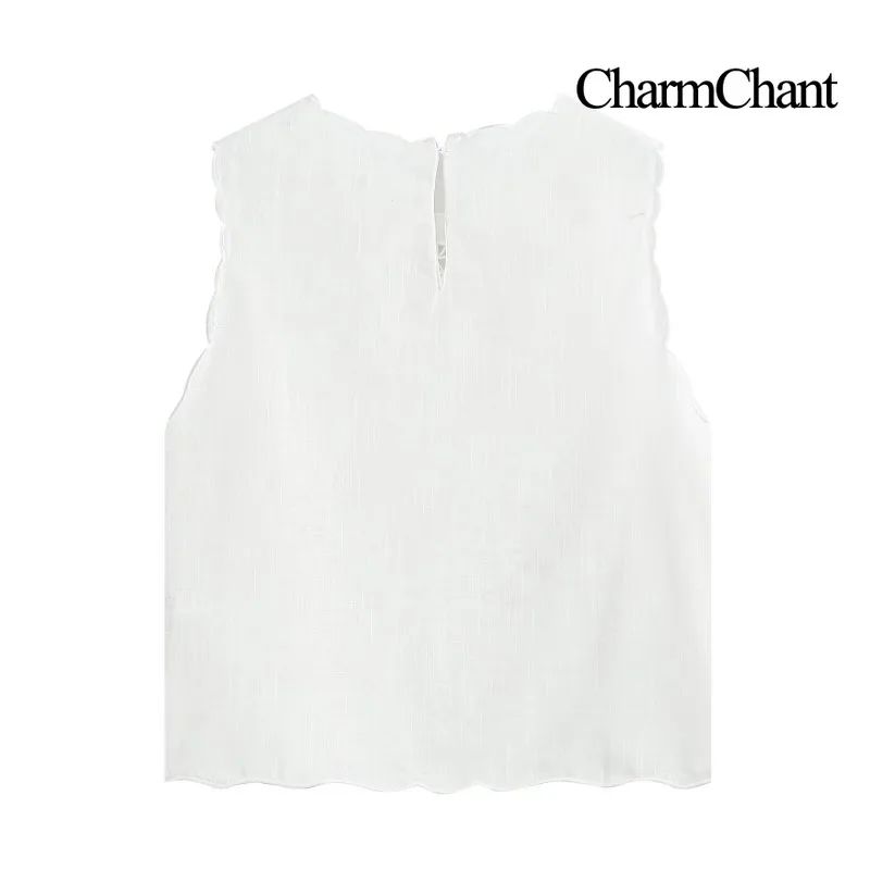 CHARMCHANT Women's Floral Eyelet Embroidery Side Bow Tie Sleeveless Cropped Blouse Scalloped Trim Cut Out Tank Top Summer 2026