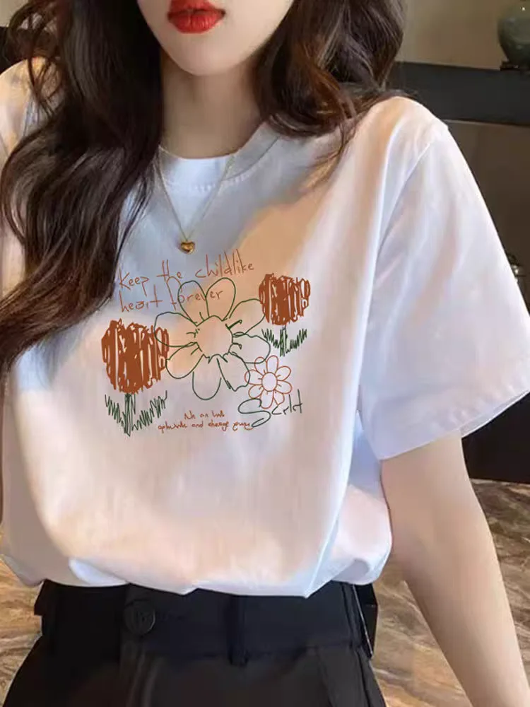 

2025 Summer New Cotton Breathable White Printed Short-sleeved Ladies' Shirt