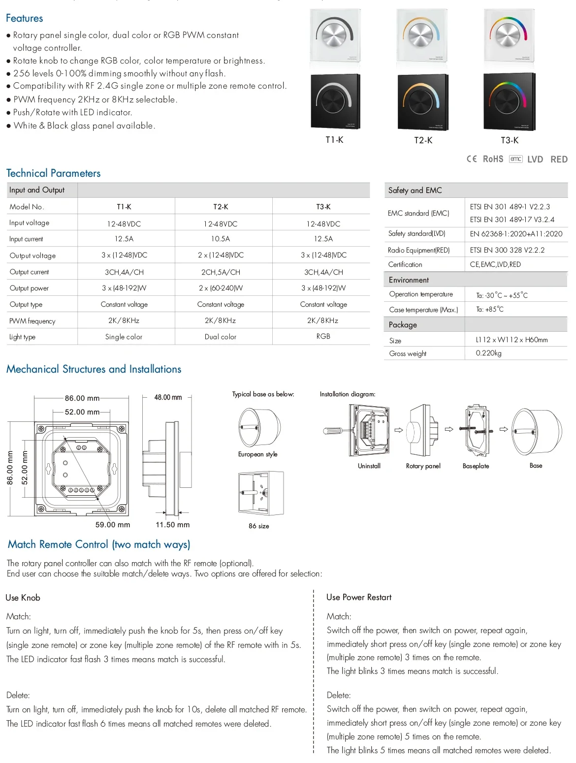 12-24VDC Wall Mounted Rotary Panel Led Dimming Controller 2.4G Wireless Remote Control for 5050 2835 Single Color/CCT/RGB Strip