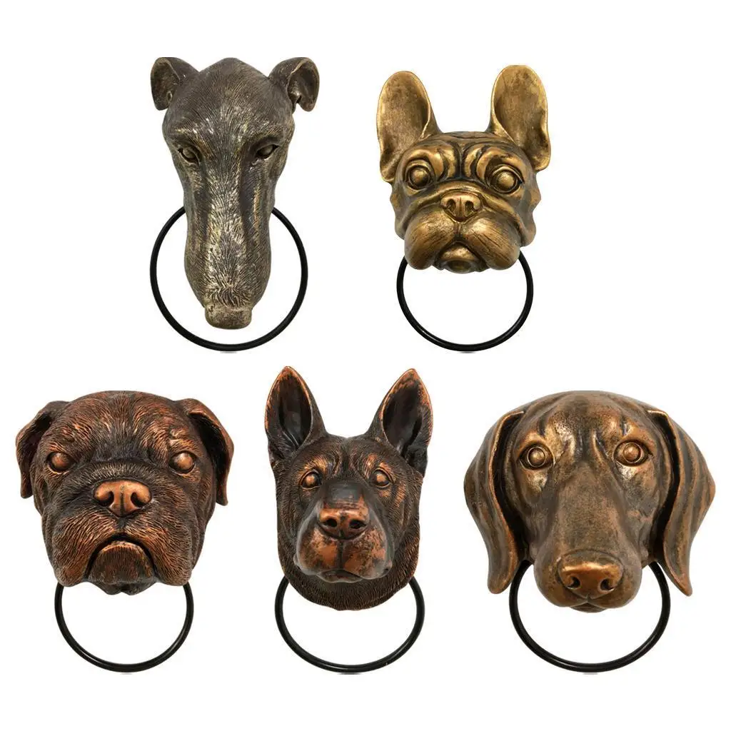 Decorative Animal Head Resin Wall Mount Dog Sculpture Door Knocker for Front Door Decoration
