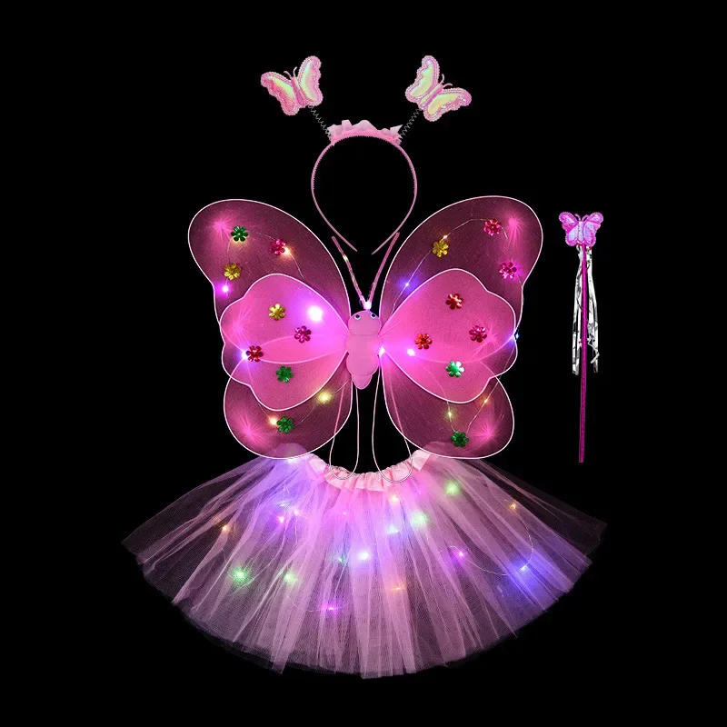 Butterfly Sequin Wings Glowing Mesh Tutu Skirt Glow Party Girls One 1st 2nd Birthday Party Dress Up Little Fairy Baby Shower