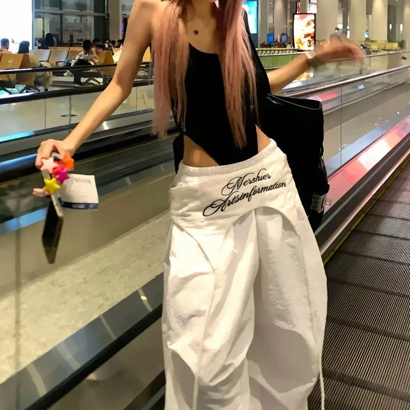 2025 New Y2K White Cargo Pants Women Streetwear Embroidery Baggy Sweatpants Harajuku Wide Leg Joggers Summer Oversized Trousers