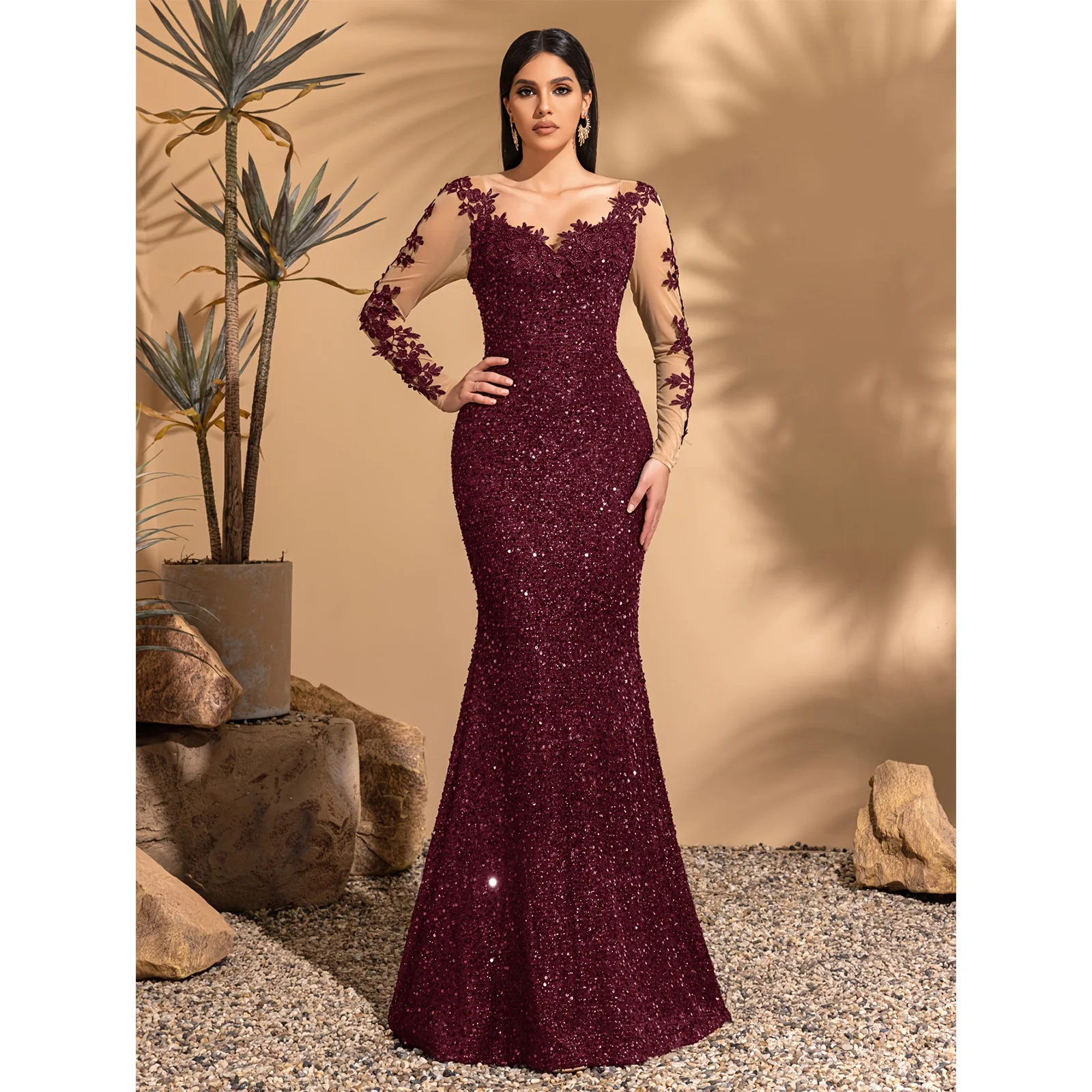 Flower edge V-neck semi-transparent long sleeves, hip-wrapped fishtail dress, elegant and chic dress