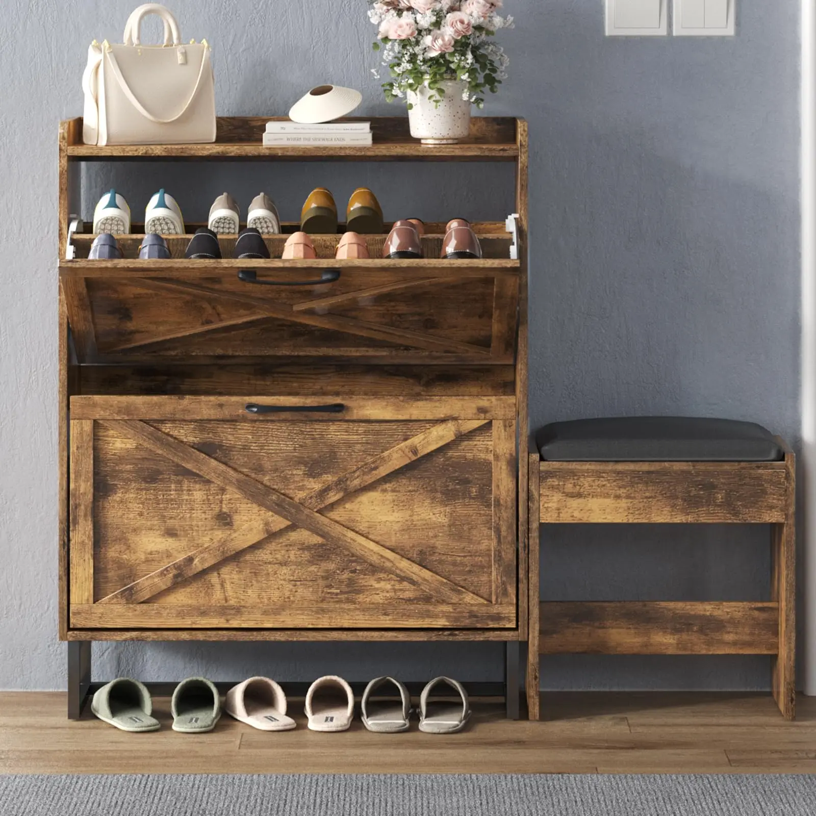 

Vabches Шкаф для обуви для прихожей, шкаф для хранения обуви с 2 откидными ящиками и съемной скамейкой для обуви, деревянный органайзер для обуви для прихожей