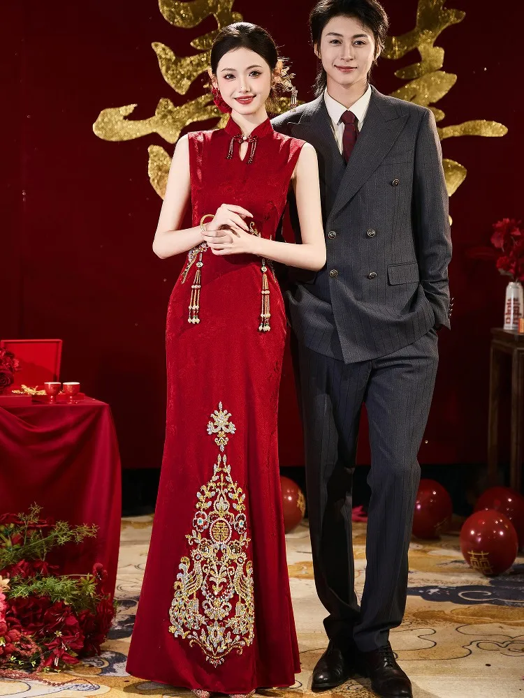 

Cheongsam toasting dress new Chinese-style engagement for brides fishtail embroidered clothing