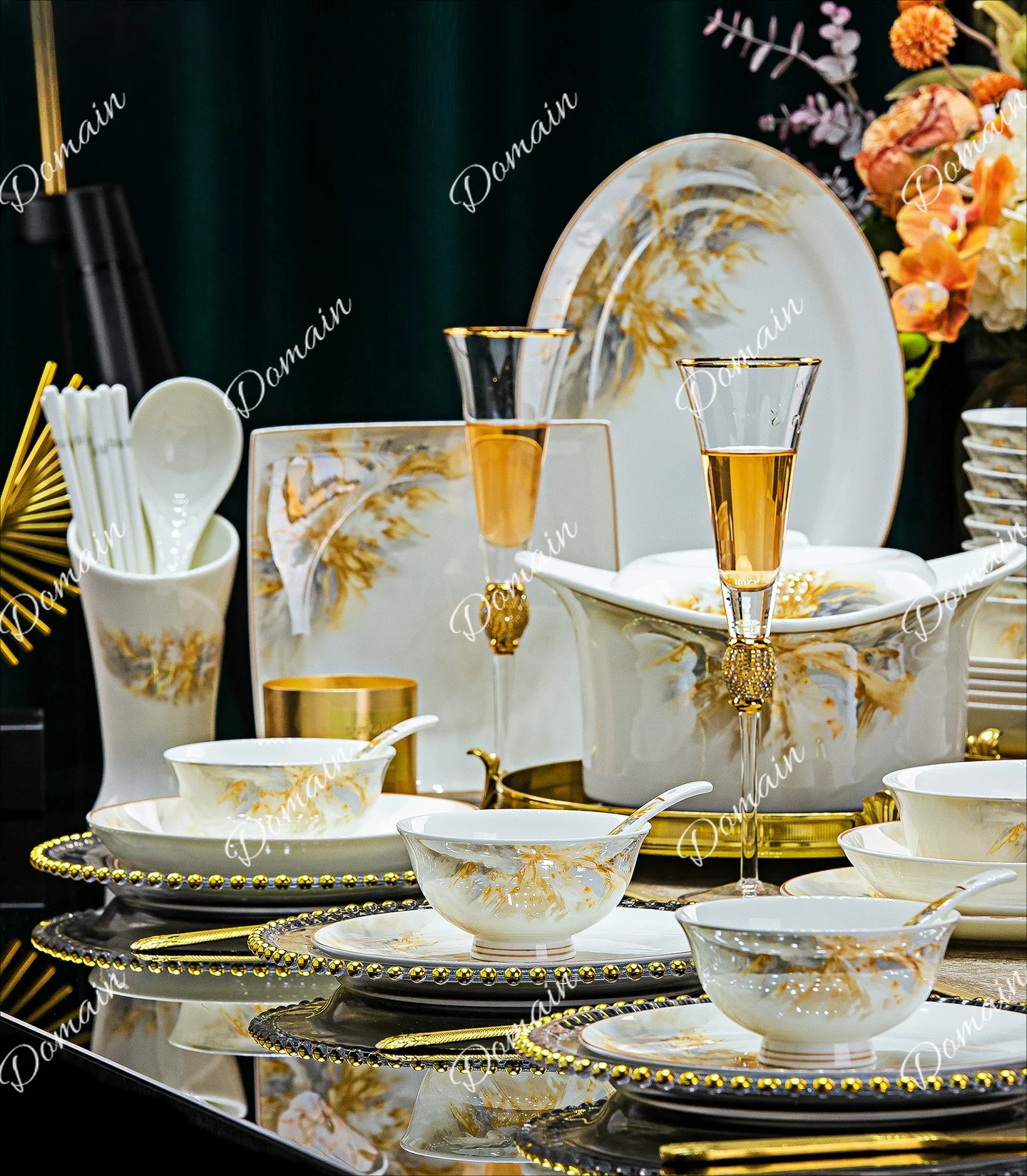 Bowl household new Jingdezhen light luxury bone china tableware set Dish set Household housewarming new home bowl