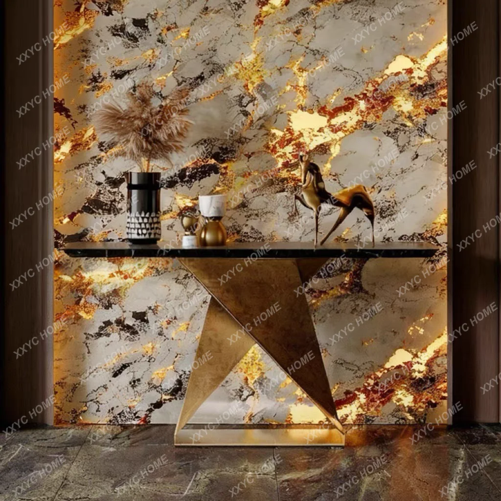 Minimalist entrance living room stainless steel entrance table corridor aisle wall-to-wall entrance cabinet hotel lobby end view