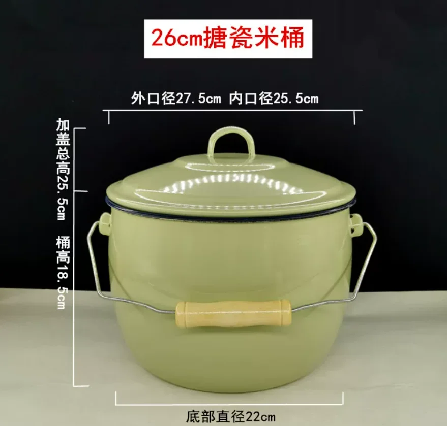 Vintage Enamel Lifting Pot Soup Bucket Rice Storage Bucket with Lid