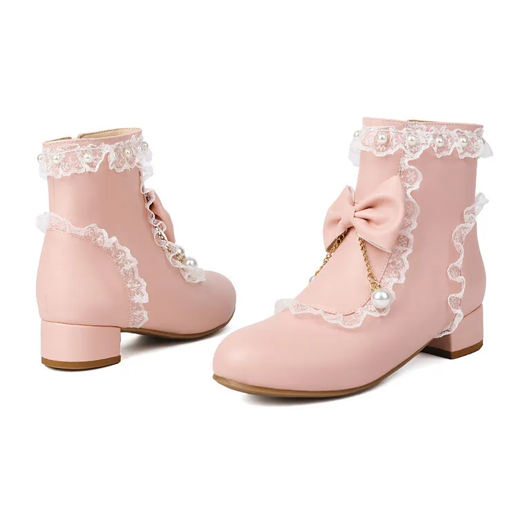 المرأة لطيف لوليتا الجوارب الجانب سستة حذاء بكعب سميك جولة تو الدانتيل Bowknot حذاء من الجلد الفتيات تأثيري فستان الحفلات أحذية موحدة #5