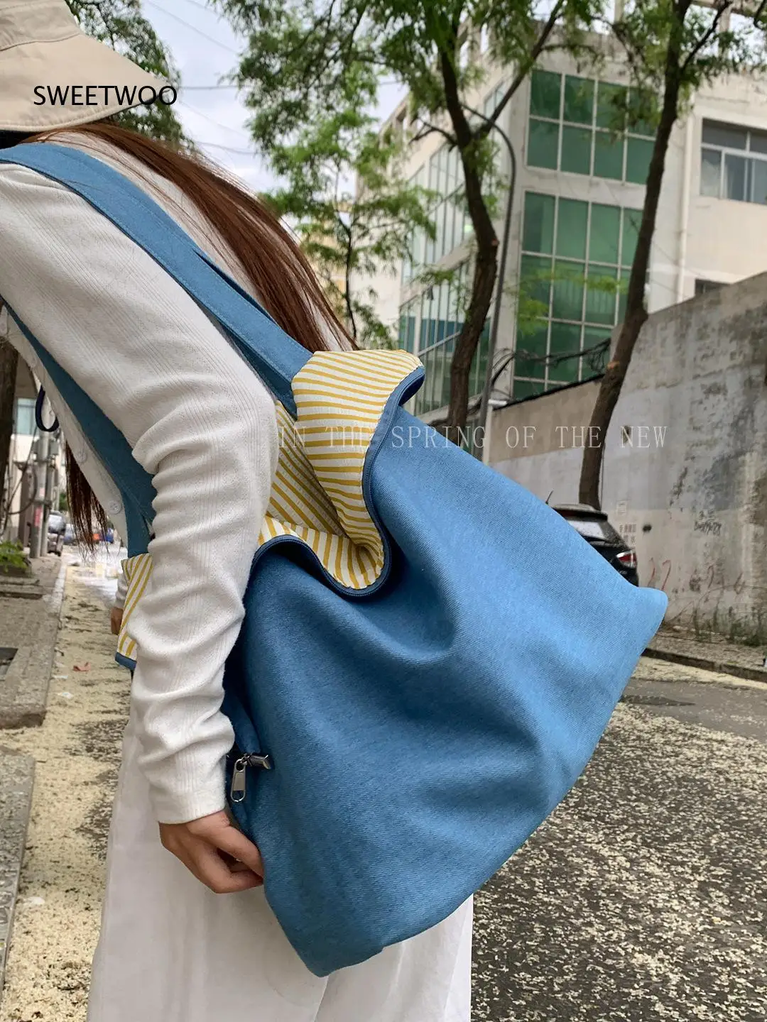 Color Contrast Stripe Letter Embroidery Tote Bag Multi Pastel Color Option Large Capacity Korean Casual Student Shoulder Bag