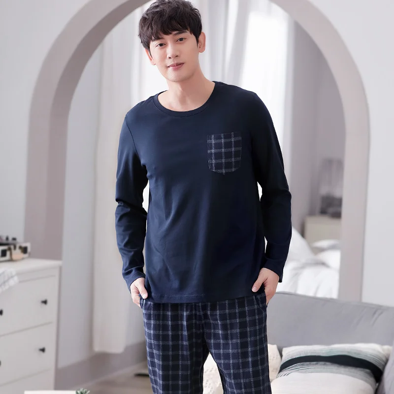 Men's Sleepwear Plaid Printing Home Suit Soft Cotton Pyjamas For Man Spring Autumn New Mens 2 Pcs Round Neck Pajamas Set L-3XL