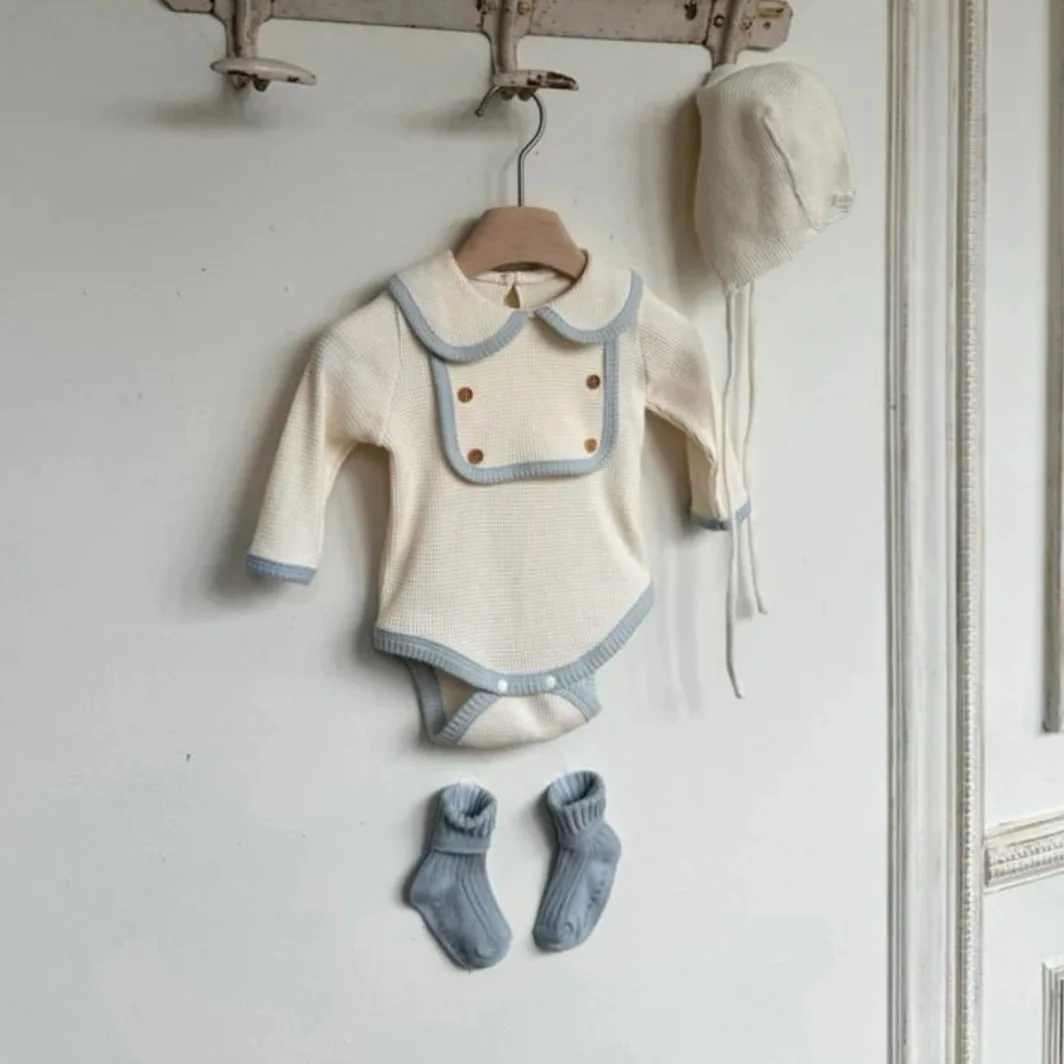 2026 Autumn New Baby Long Sleeve Lapel Waffle Bodysuit Solid Infant Boy Girl Drool Bib Jumpsuit Cotton Newborn Clothes 0-24M
