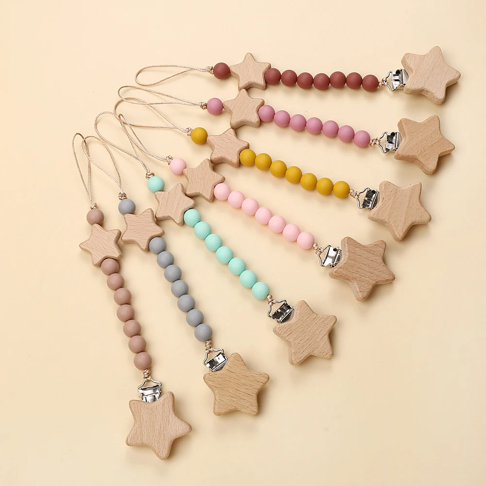 New Wooden Pentagram Beech Clip Baby Pacifier Chain Silicone Beads Dummy Nipple Holder Guard Teether Pendant Newborn Toys Gift