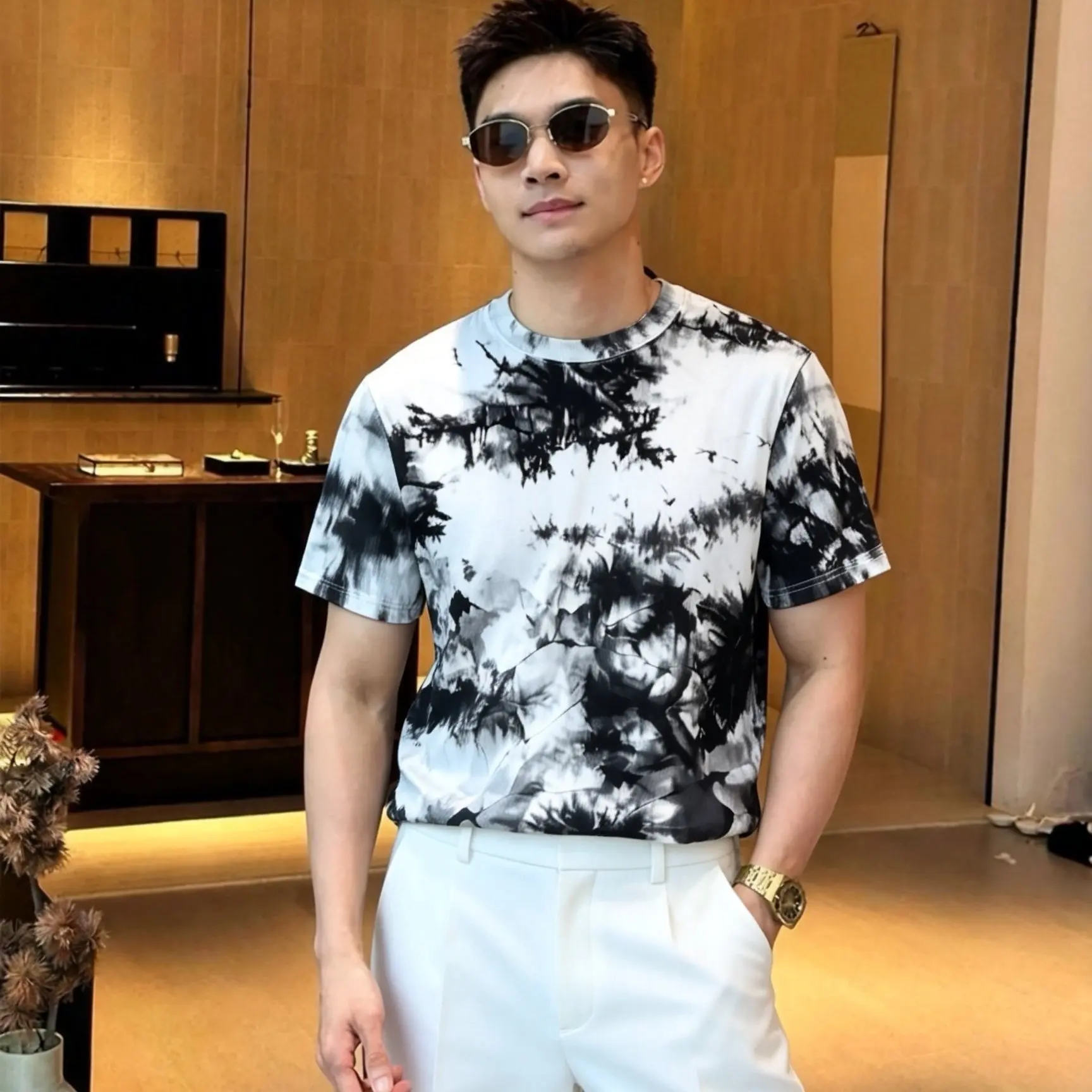 High Quality Summer Tie Dye Round Neck T-shirt for Men Fashion Short Sleeved Casual Social T-shirts Streetwear Men Clothing 2026