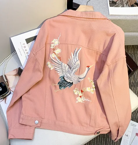 2026 Spring Autumn Loose-Fit Denim Jacket Handsome Boyfriend Wind Heavy Embroidery Pink Denim Jackets Women\'s Street Coat