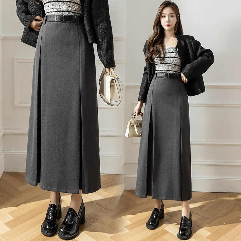 New 2023 Winter Wool Long Skirts For Women Retro High Waist Solid Pleated Skirt Vintage With Belt Brown Black Grey Falda Mujer