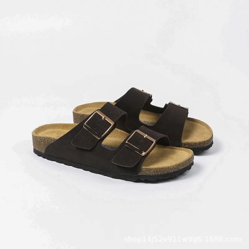 Retro style neutral double button flat bottomed beach slippers with cork insoles, summer casual and comfortable sandals