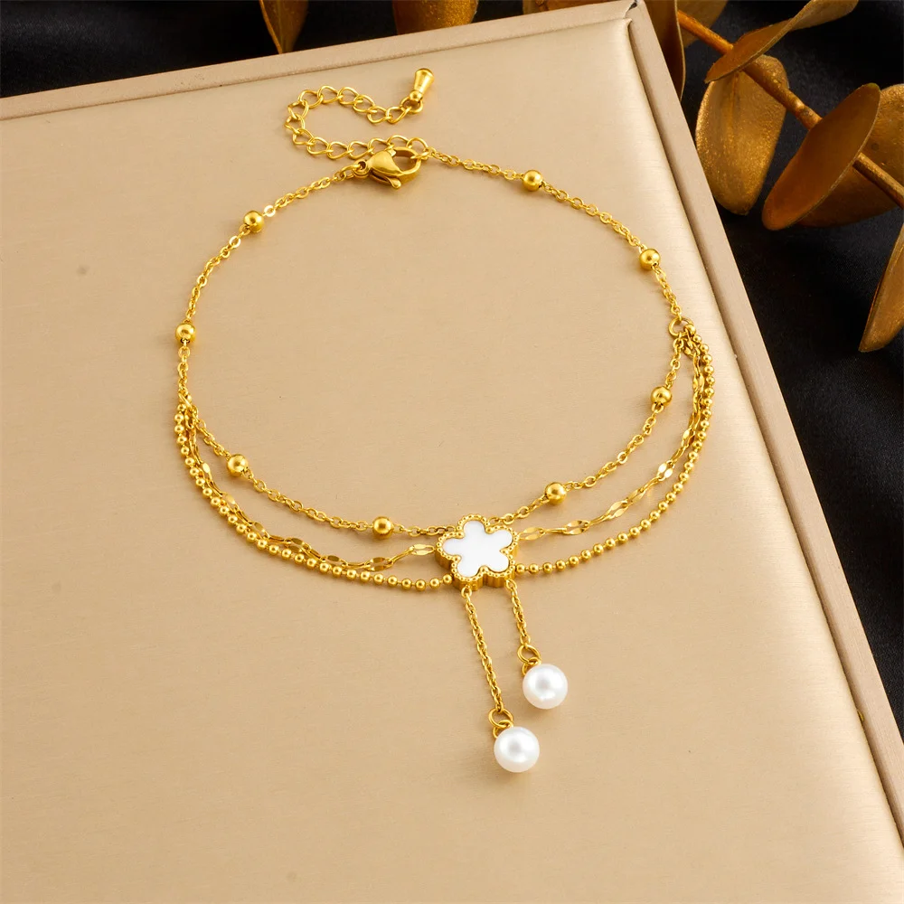 

Gold Tone 316L Stainless Steel Triple Layer Clover Charm Bracelet with Pearl Tassel for Women