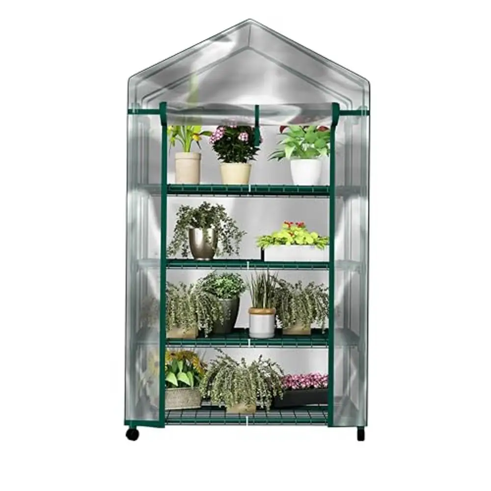 

Portable Mini Greenhouse with Locking Wheels and PVC Cover Indoor Outdoor Gardening 4 Tier 27 x 19 x 63-Inch Green House