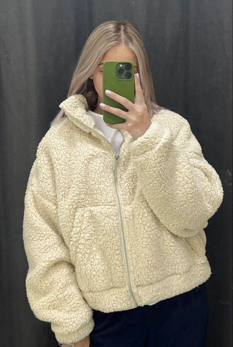 Women Winter Teddy Sherpa Cropped Jacket Cream Oversized Daily Streetwear Zip Up Outerwear Fluffy Fleece Coat Patch Pocket S‑XXL