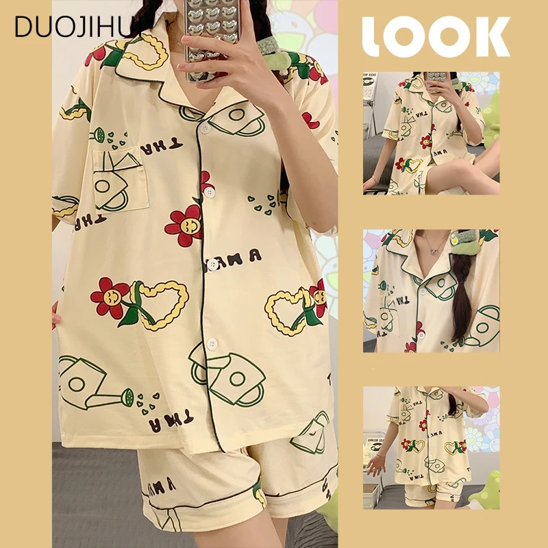 DUOJIHUI ins-pijama de duas peças impresso para mulheres, cardigã doce primavera, Calça básica, moda casual, lar, doce