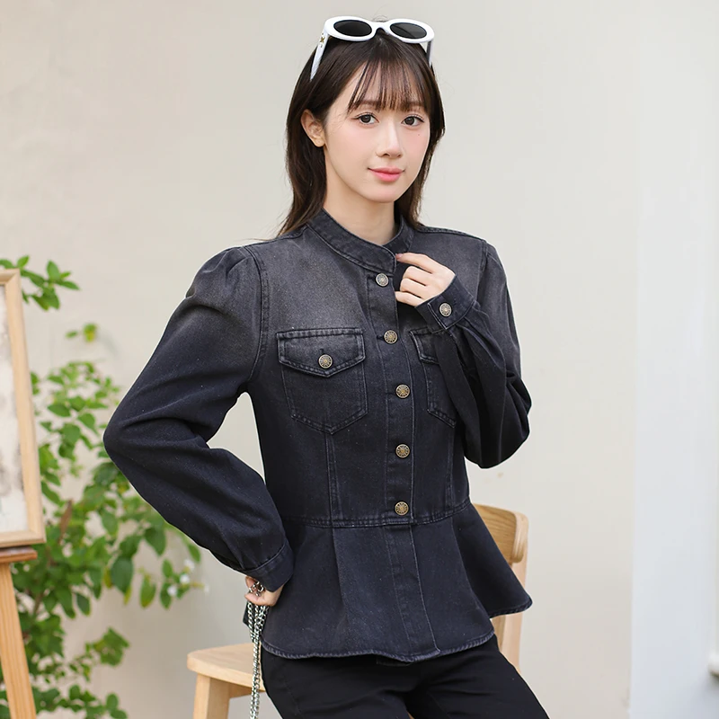 Women\'s Autumn Sprong New High Quality Elegant Female Office Ruffle Denim Jacket