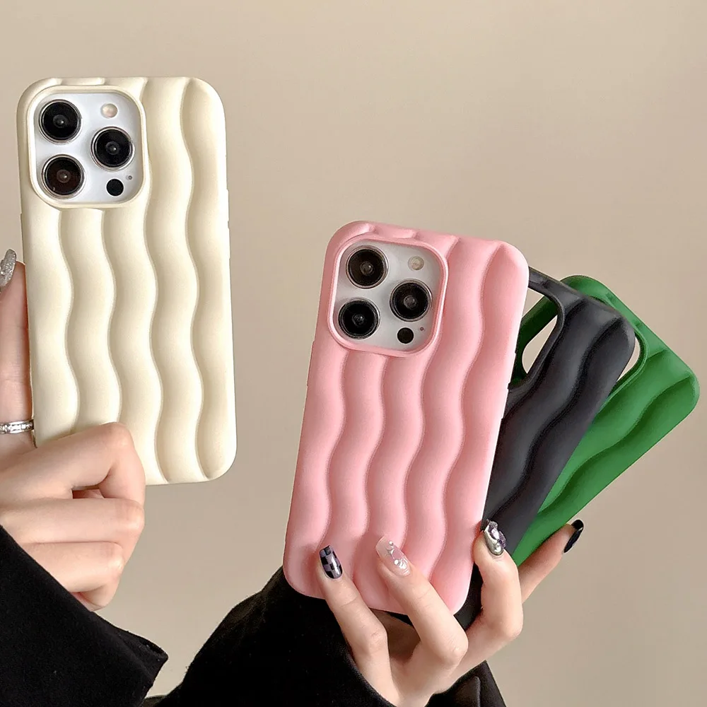 Candy Color Matte Skin Sensation Phone Case For iPhone 15 14 13 12 11 Pro Max 1415 Plus Cute 3D Wave Silicone Soft Cover Bumper