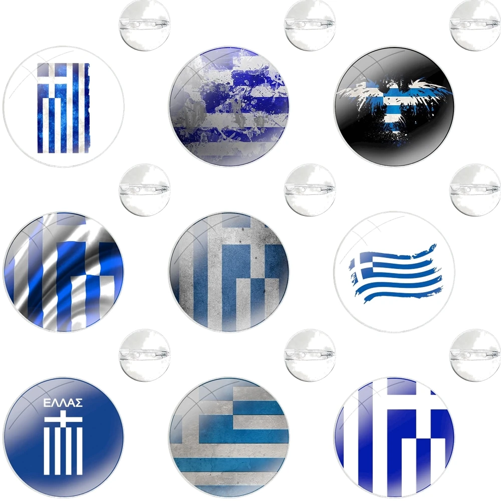 Glass Dome Brooches Shirt Lapel Bag Cute Badge Pins For Clothes Hat Accessories Greece Flag