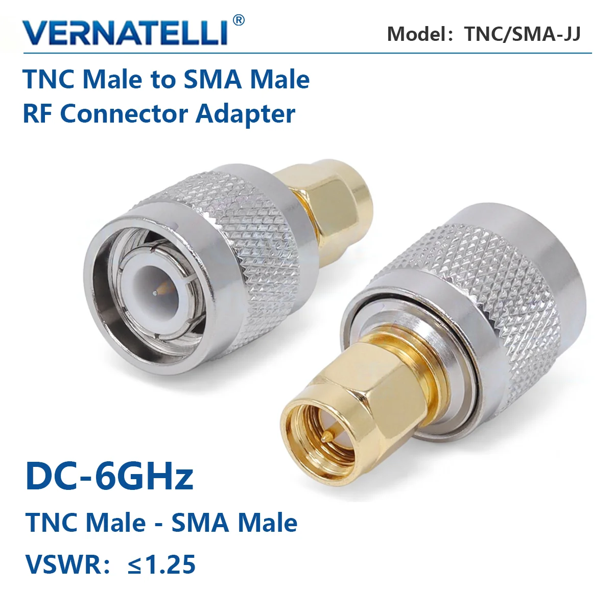 TNC Male to SMA Male RF Coaxial Adapter, DC‑6GHz, 50 Ohm, Internal Thread Pin, Model TNC/SMA‑JJ