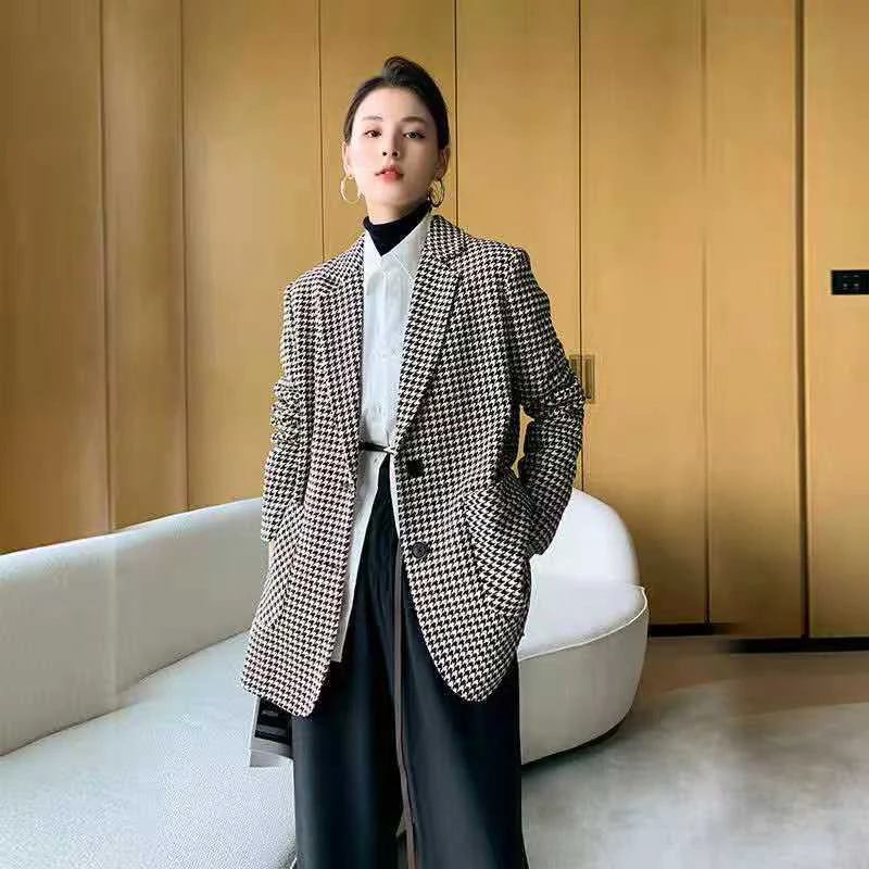 Korean Vintage Coats Women Woolen Plaid Houndstooth Blazer Elegant Spring Autumn Office Lady Belt Oversize Chic Jacket Outerwear